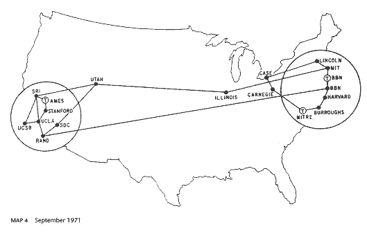 Mapa de nodos conectados en ARPANET en 1971